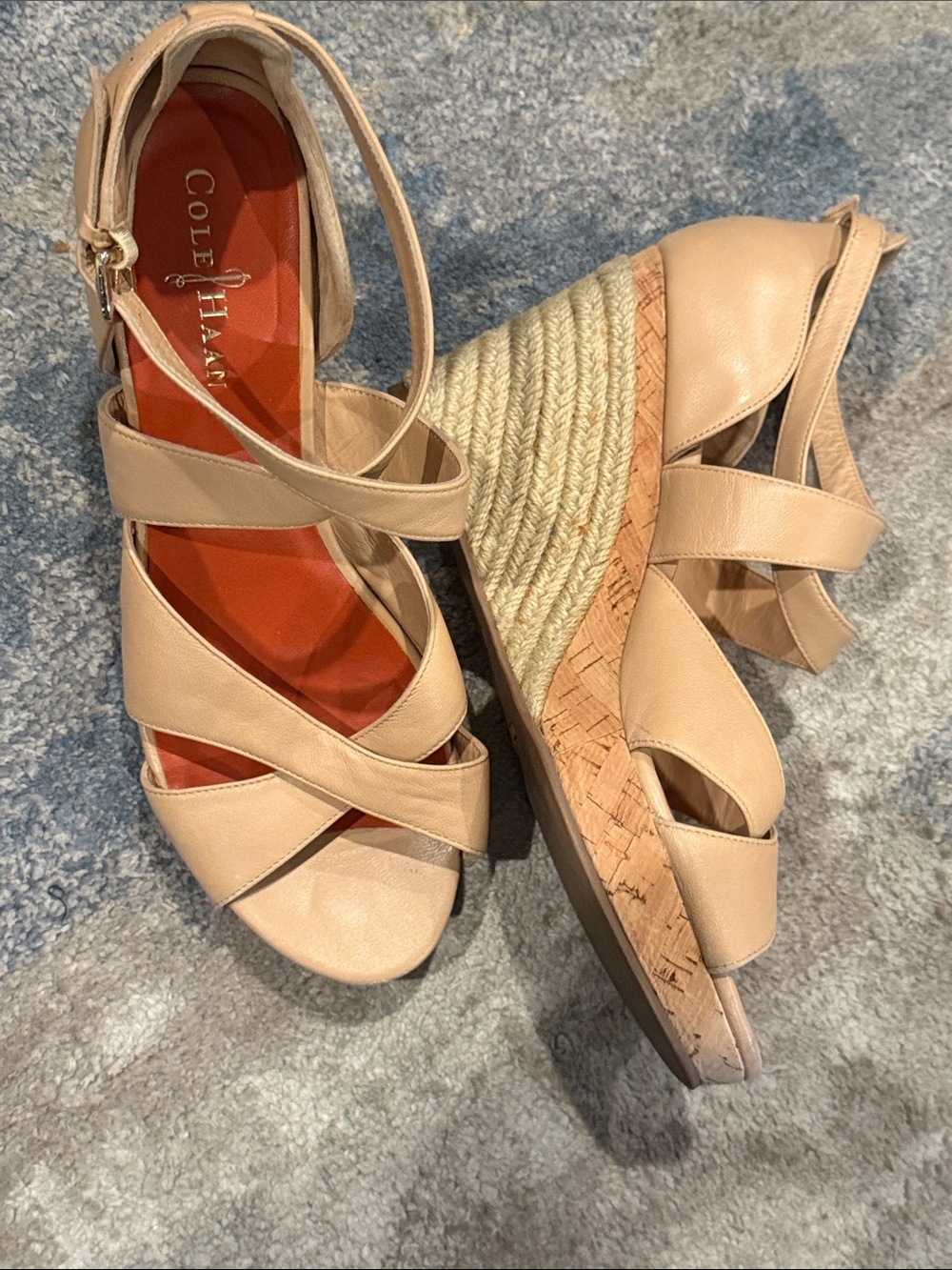 Cole Haan Neutral Beige Leather Espadrille Wedge Sandals
